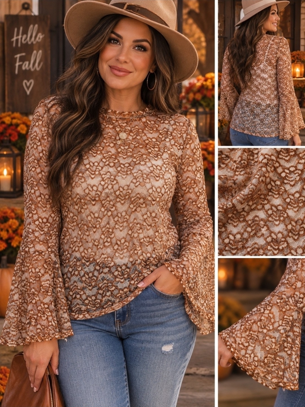 Umgee Plus XL Lace Bell Sleeve Sheer Boho Top Rust Cream